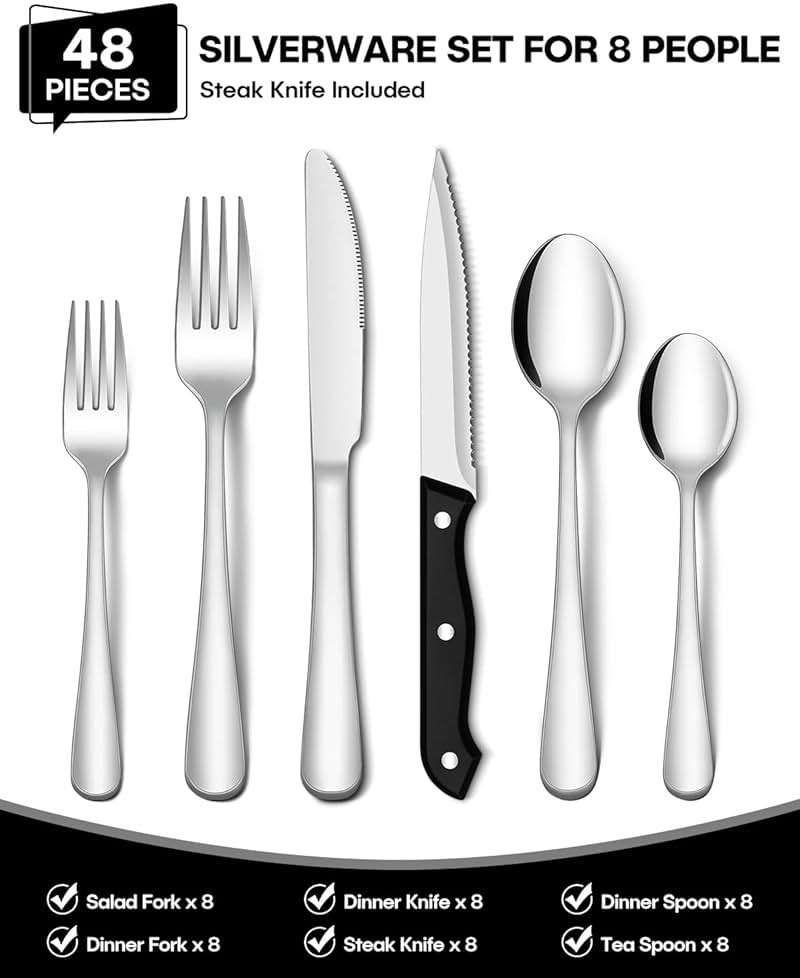 EUIRIO 48-Piece Silverware Set With Steak Knives, Heavy Duty Stainless Steel Flatware for 8, Food-Grade Tableware Cutlery, Utensils for Home Restaurant, Mirror Finish, Dishwasher Safe - Image 3