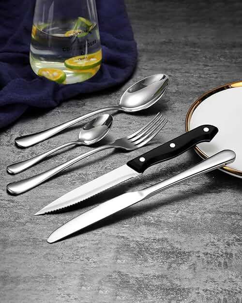 EUIRIO 48-Piece Silverware Set With Steak Knives, Heavy Duty Stainless Steel Flatware for 8, Food-Grade Tableware Cutlery, Utensils for Home Restaurant, Mirror Finish, Dishwasher Safe - Image 4