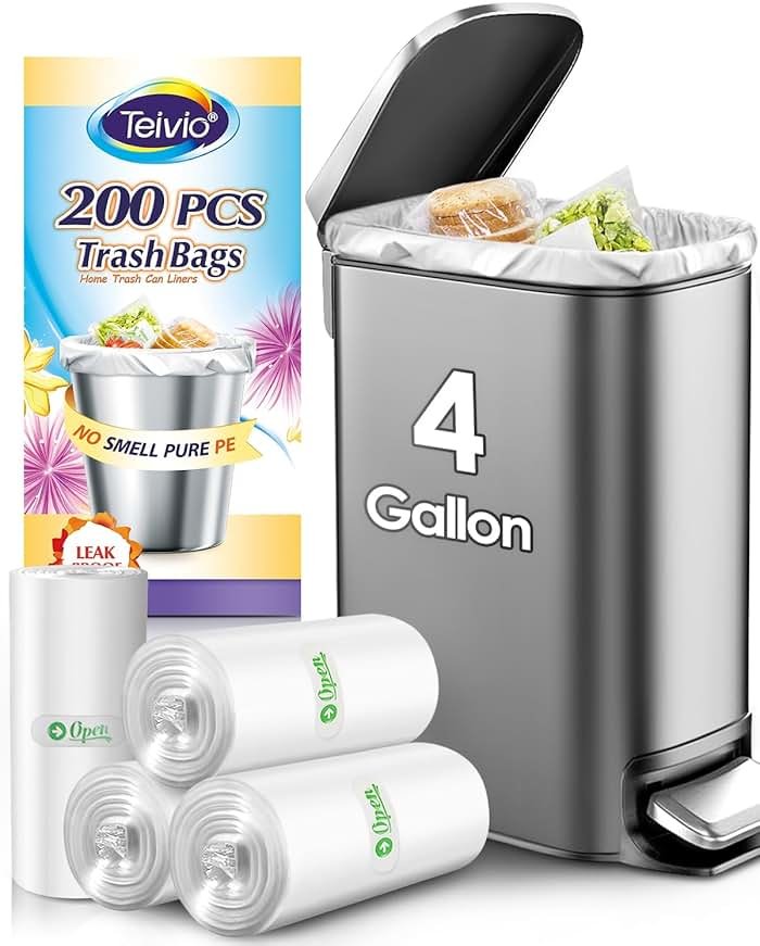 Teivio Small Trash Bags 4 Gallon 200 Counts Garbage Bags, Bathroom Trash Can Bin Liners, Small Plastic Bags for home office kitchen, fit 12-15 Liter, 3,3.5,4.5 Gal, Clear - Product Image