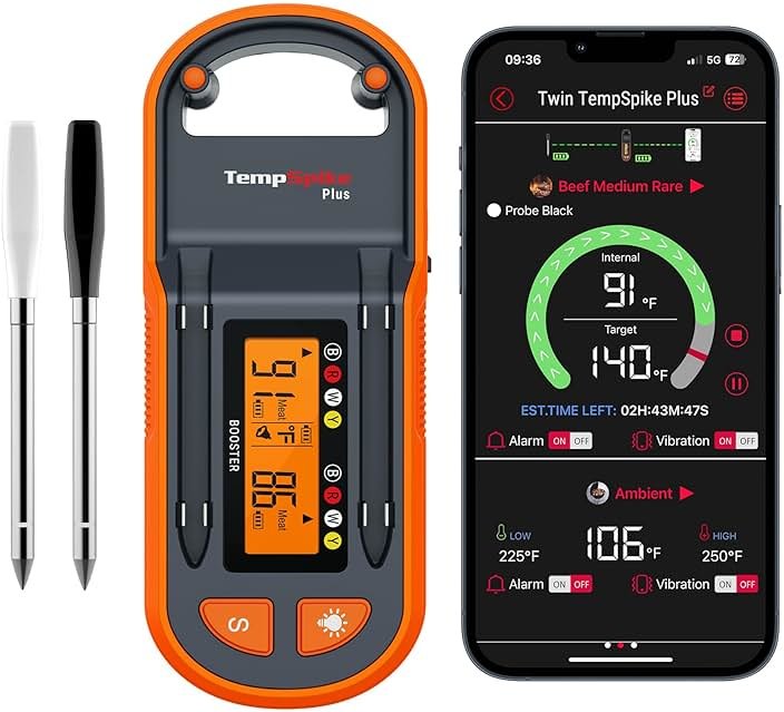 ThermoPro TempSpike Plus 600ft Wireless Meat Thermometer with 2 Color-Coded Probes, Bluetooth Meat Thermometer Wireless with LCD-Enhanced Booster for Food Cooking Grill Smoker - Product Image