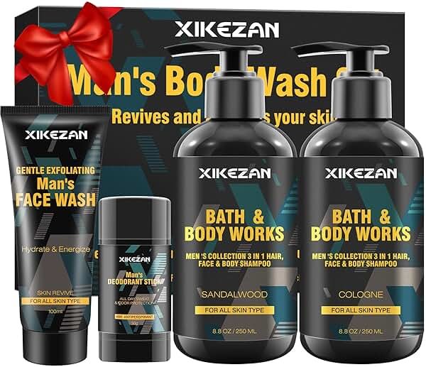 Gifts for Men,Mens Body Wash Gift Set Cleansing & Hydrating Skin w/Face Wash,Deodorant,Sandalwood & Cologne 3 in 1 Hair,Face & Body Wash,Mens Stocking Stuffers Christmas Gifts for Men Him Dad Husband - Product Image