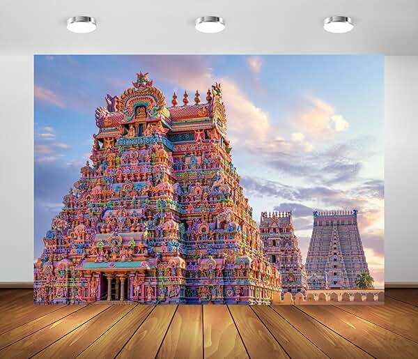BELECO 7x5ft Fabric Hindu Temple Backdrop Colourful Temple Gopurams in Srirangam, Trichy Town of Tamilnadu in India Background Traditional Architecture Indian Religious Photoshoot Studio Props - Image 2