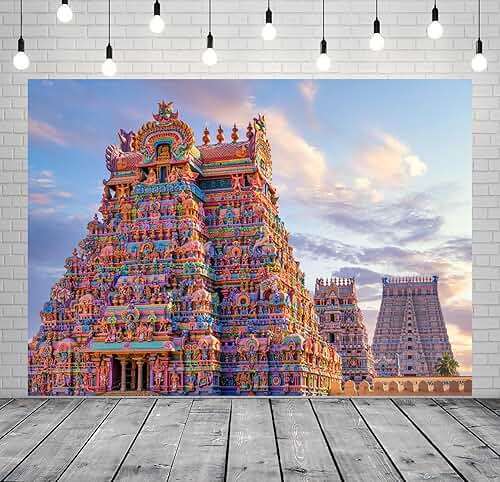 BELECO 7x5ft Fabric Hindu Temple Backdrop Colourful Temple Gopurams in Srirangam, Trichy Town of Tamilnadu in India Background Traditional Architecture Indian Religious Photoshoot Studio Props - Image 3