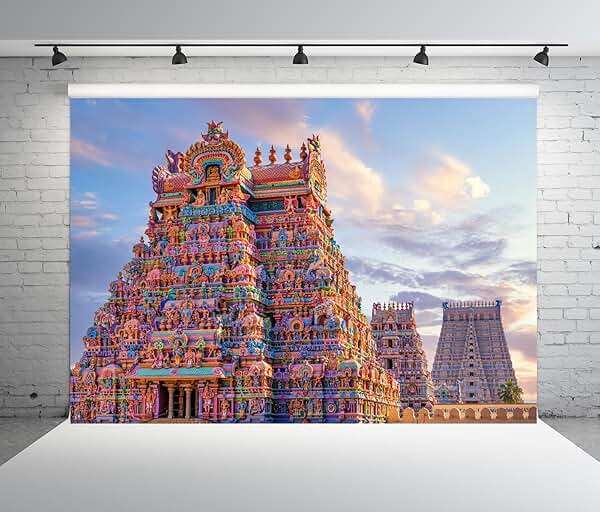 BELECO 7x5ft Fabric Hindu Temple Backdrop Colourful Temple Gopurams in Srirangam, Trichy Town of Tamilnadu in India Background Traditional Architecture Indian Religious Photoshoot Studio Props - Image 4