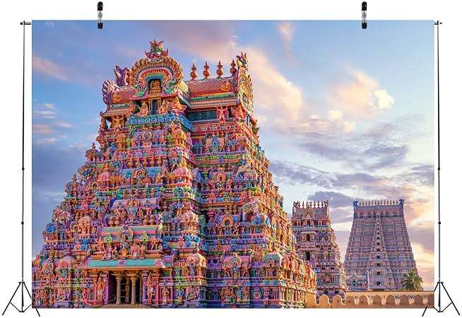 BELECO 7x5ft Fabric Hindu Temple Backdrop Colourful Temple Gopurams in Srirangam, Trichy Town of Tamilnadu in India Background Traditional Architecture Indian Religious Photoshoot Studio Props - Image 5