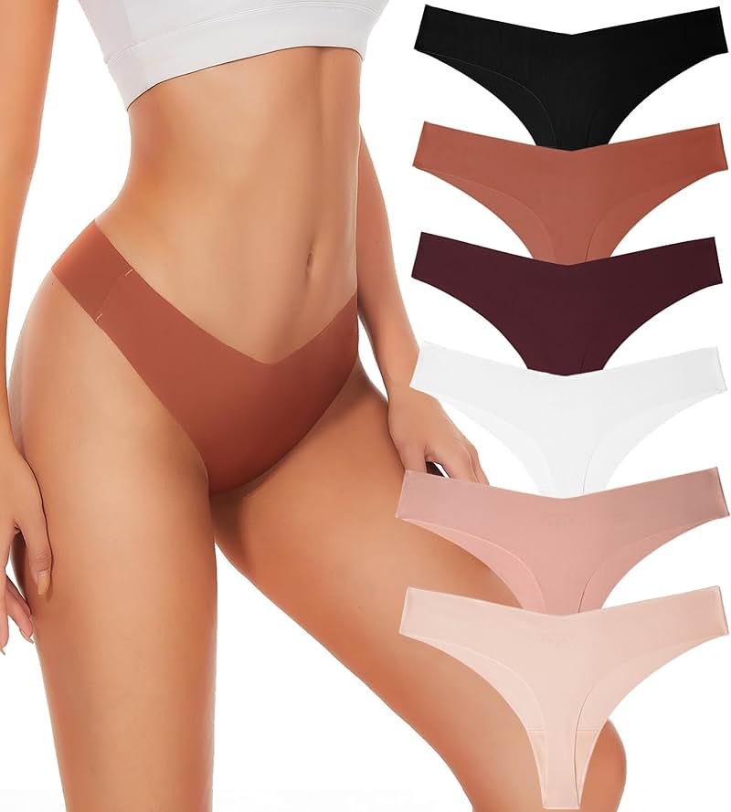 Hellopopgo Seamless Thongs For Women V-waisted No Show Thong Seamless Panties Breathable Comfortable Underwear Womens 6-Pack - Product Image
