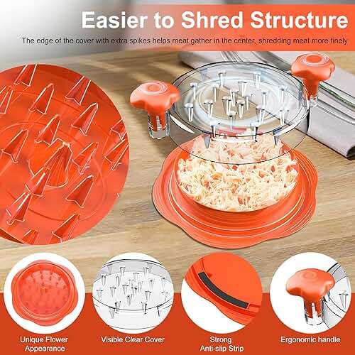 SURETIVIAN Chicken Shredder Large Chicken Breast Shredder Tool Twist with Brush&Fork, Visible Meat Shredder Machine, Anti-Slip Strip, Ergonomic Handle, BPA Free, Suitable for Pork Beef Chicken(Orange) - Image 3