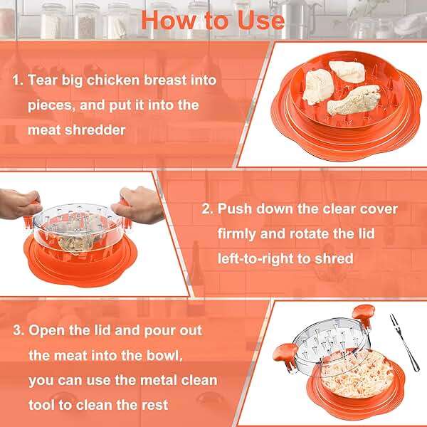 SURETIVIAN Chicken Shredder Large Chicken Breast Shredder Tool Twist with Brush&Fork, Visible Meat Shredder Machine, Anti-Slip Strip, Ergonomic Handle, BPA Free, Suitable for Pork Beef Chicken(Orange) - Image 7