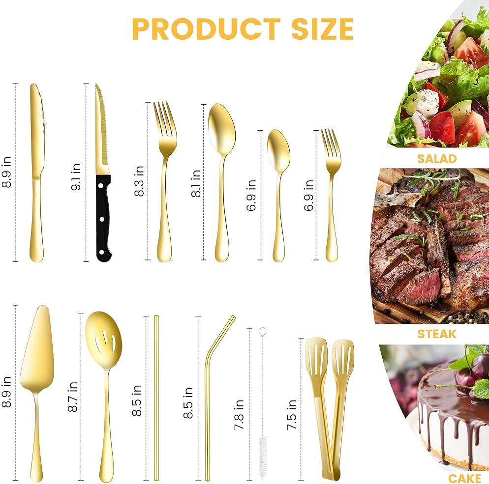69 Piece Gold Silverware Set with Steak Knife Service For 8, Golden Flatware Cutlery Set Stainless Steel Utensils Mirror Polishe Spoons and Forks with Metal Straw, Slotted Spoons, Tongs, Tableware - Image 2