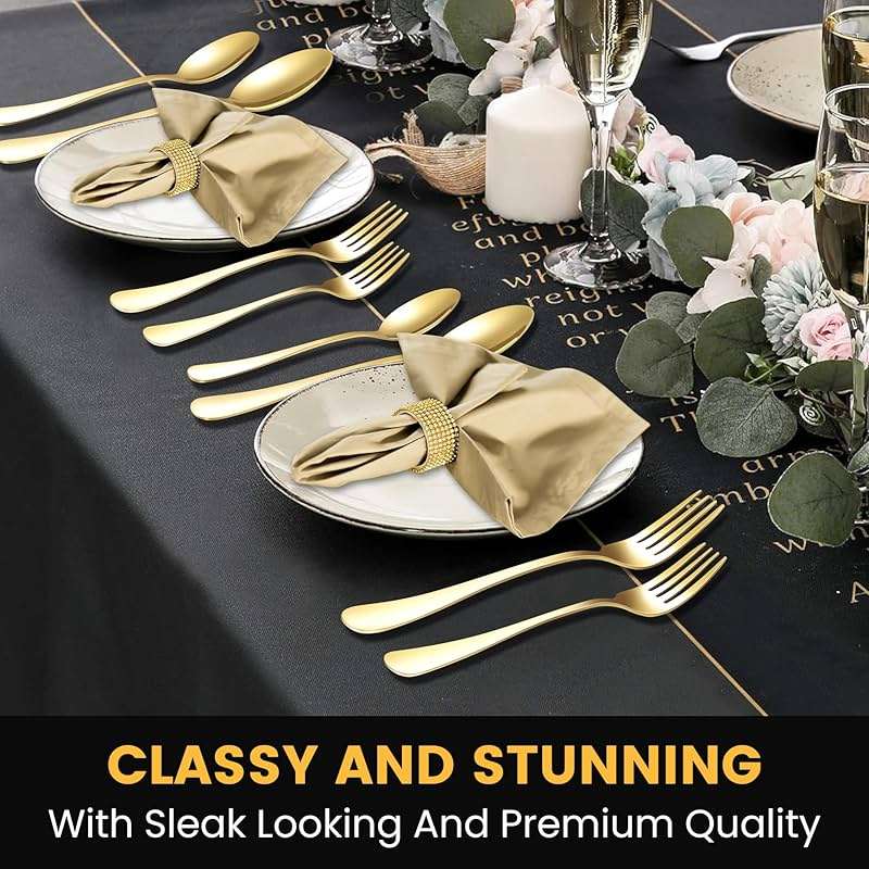 69 Piece Gold Silverware Set with Steak Knife Service For 8, Golden Flatware Cutlery Set Stainless Steel Utensils Mirror Polishe Spoons and Forks with Metal Straw, Slotted Spoons, Tongs, Tableware - Image 5