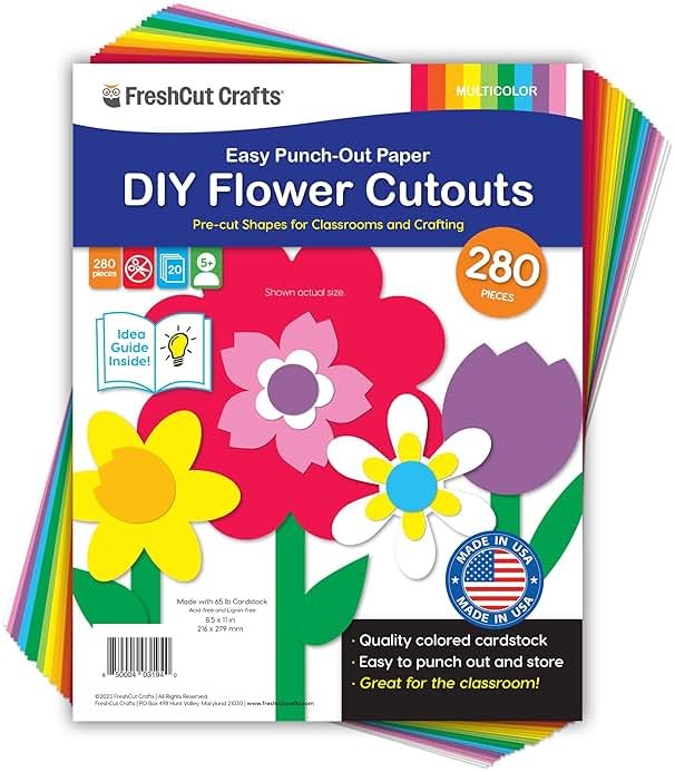 FreshCut Crafts: 280 Pieces of DIY Flower Cutouts with IDEA Guide - 2-Sided Punch Out Tulips, Daisies, Daffodils, Flowers Ideal for Spring Craft Projects, and Mother's Day DIY Gift Craft - Product Image