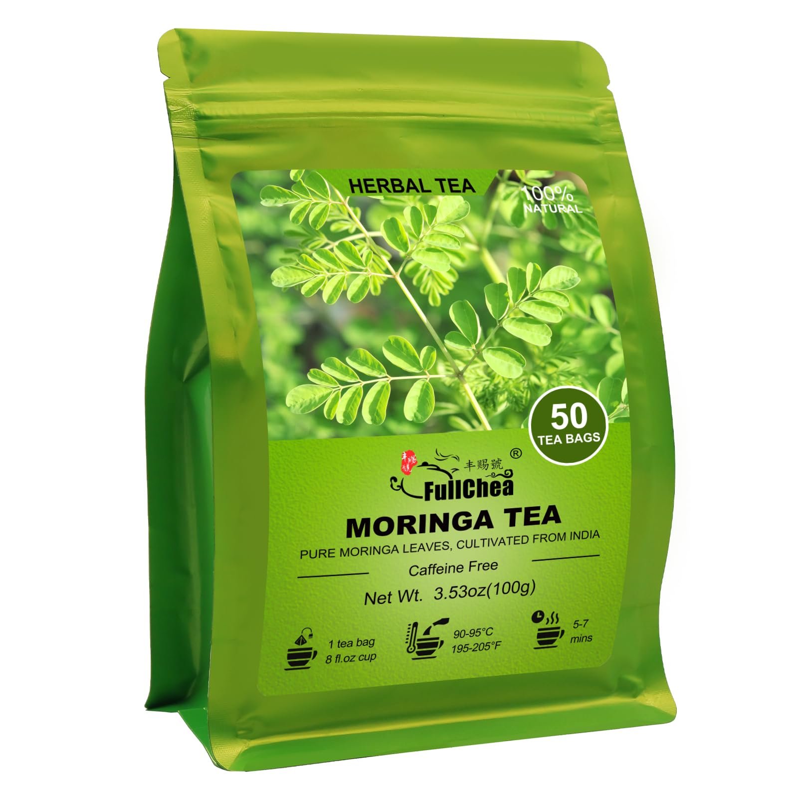 FullChea - Moringa Tea, 50 Teabags - Pure & Natural Moringa Leaves, Cultivated From India - Herbal Tea for Supporting Digestion & Immune System - Non-GMO - Caffeine-free - Product Image