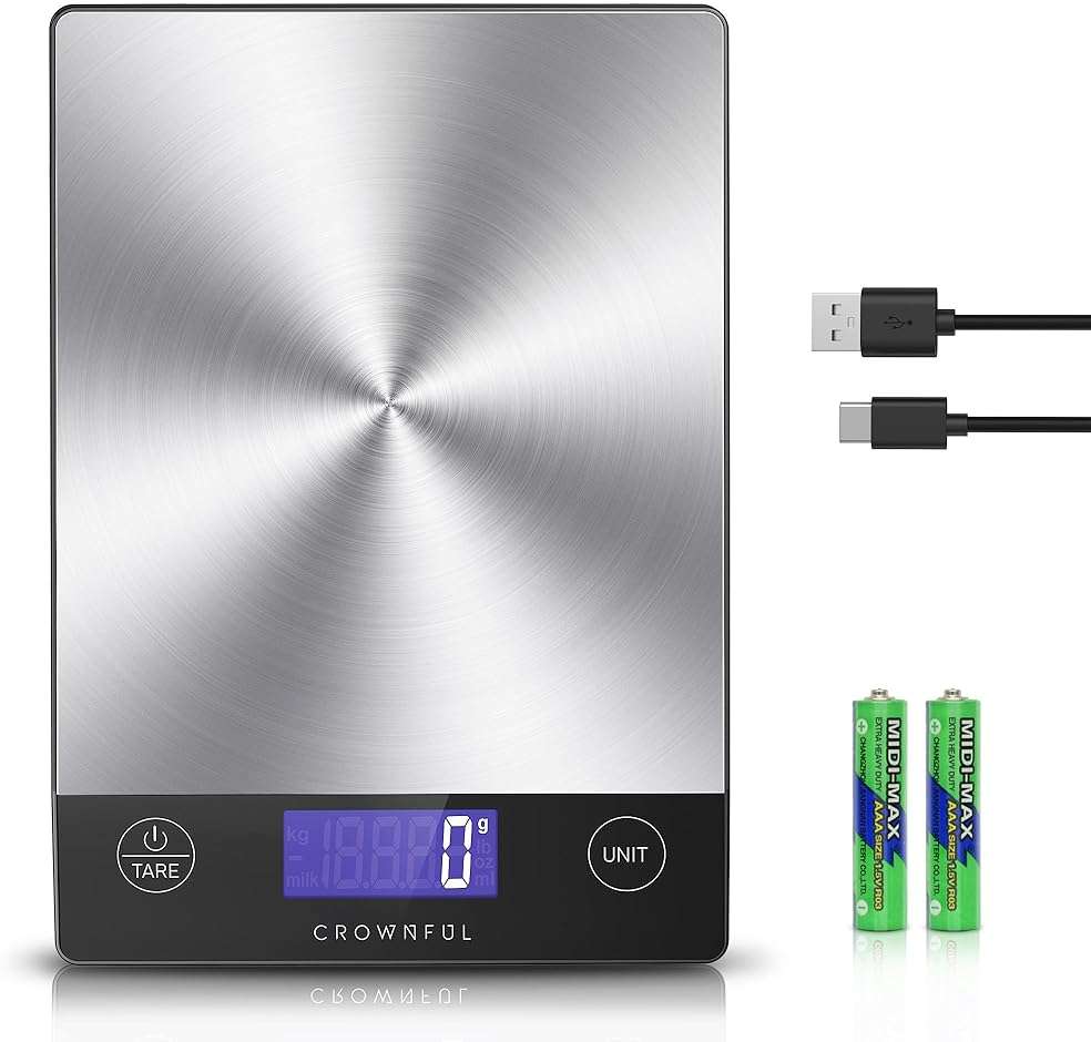 CROWNFUL Food Scale, 33lb Rechargeable 304 Stainless Steel Digital Kitchen Scale Weight Grams and Ounces with LCD Display and Type-C Charging for Meal Prep, Baking and Cooking - Image 1