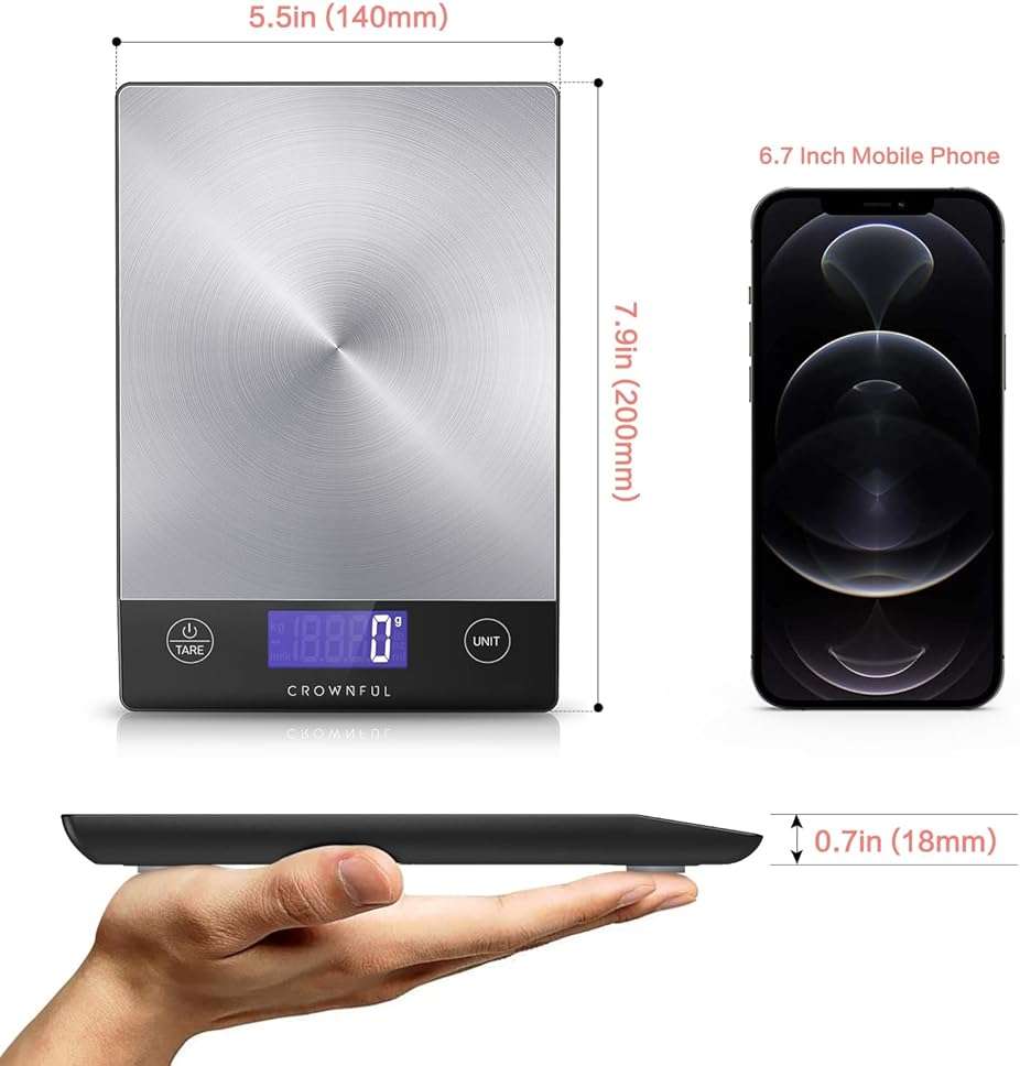 CROWNFUL Food Scale, 33lb Rechargeable 304 Stainless Steel Digital Kitchen Scale Weight Grams and Ounces with LCD Display and Type-C Charging for Meal Prep, Baking and Cooking - Image 2