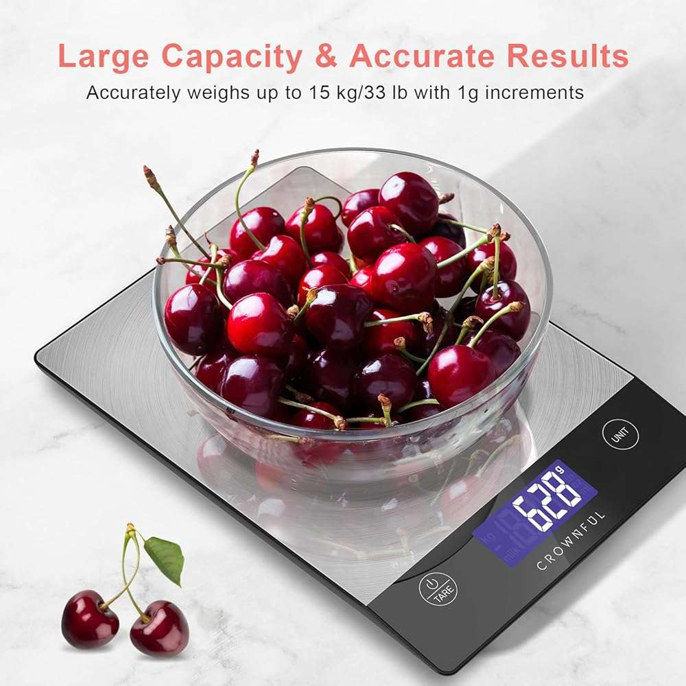 CROWNFUL Food Scale, 33lb Rechargeable 304 Stainless Steel Digital Kitchen Scale Weight Grams and Ounces with LCD Display and Type-C Charging for Meal Prep, Baking and Cooking - Image 7