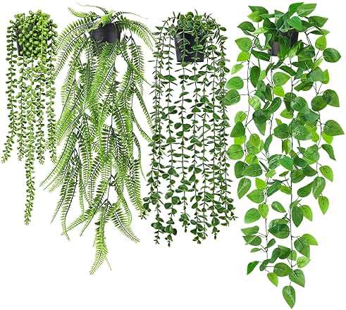 Der Rose 4Pcs Fake Plants Hanging Artificial Ivy Vine Faux Eucalyptus Hanging Plants, Boston Fern, String of Pearls for Living Room Bedroom Boho Wall Shelf Indoor Outdoor Decor - Image 1