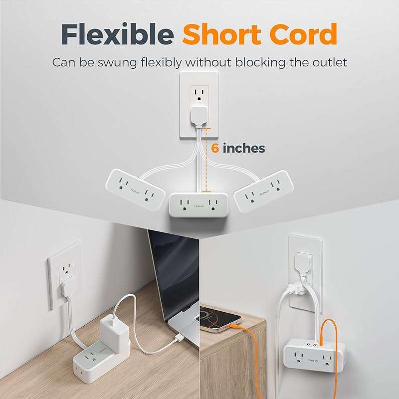 TESSAN Short Extension Cord 0.5Ft, Flat Plug Outlet Extender Surge Protector with 4 Widely AC with 3 USB Ports (1 USB C), Multi Plug Small Power Strip for Travel, Home Office College Dorm Essentials - Image 2