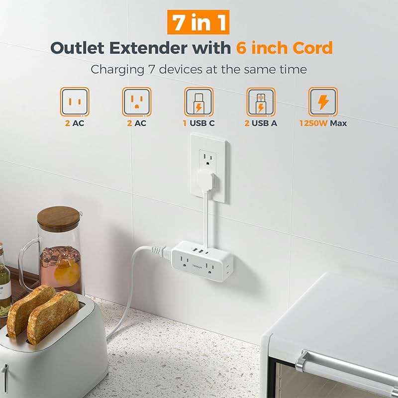 TESSAN Short Extension Cord 0.5Ft, Flat Plug Outlet Extender Surge Protector with 4 Widely AC with 3 USB Ports (1 USB C), Multi Plug Small Power Strip for Travel, Home Office College Dorm Essentials - Image 3