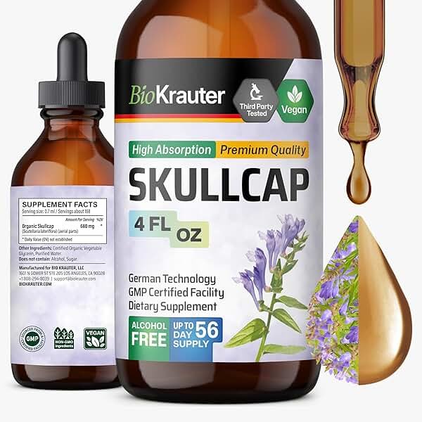 BIO KRAUTER® Skullcap Tincture for Calm & Relaxation - Liquid Skullcap Herb 4 Fl.Oz 56 Days of Supply - Pure & Vegan Sleep Supplement - Calm Drops 680 mg per Serving Alcohol & Sugar Free - Product Image