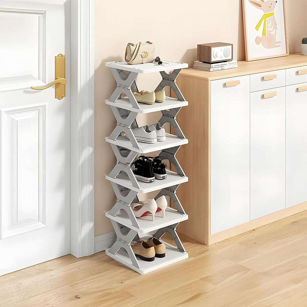 HUYFGDYSA 6 Tier Kids Shoe Rack, Collapsible Shoe Rack for Kids' Rooms, Foldable Vertical Shoe Organizer for Front Door Entrance, Compact Shoe Storage Shelf for Narrow Spaces - Image 1