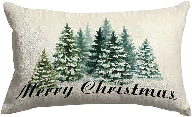 GOOESING Merry Christmas Pillow Covers 16x24 Inch Watercolor Green Christmas Tree Nature Forest Linen Decorative Throw Pillow Cover Cushion Case for Indoor Outdoor Home Sofa Bedroom Living Room - Image 1