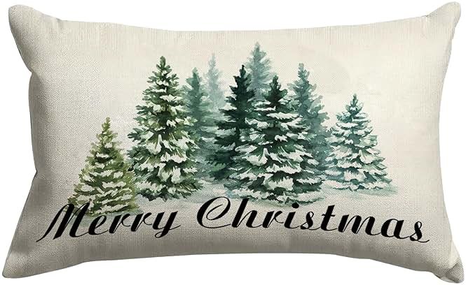 GOOESING Merry Christmas Pillow Covers 16x24 Inch Watercolor Green Christmas Tree Nature Forest Linen Decorative Throw Pillow Cover Cushion Case for Indoor Outdoor Home Sofa Bedroom Living Room - Product Image