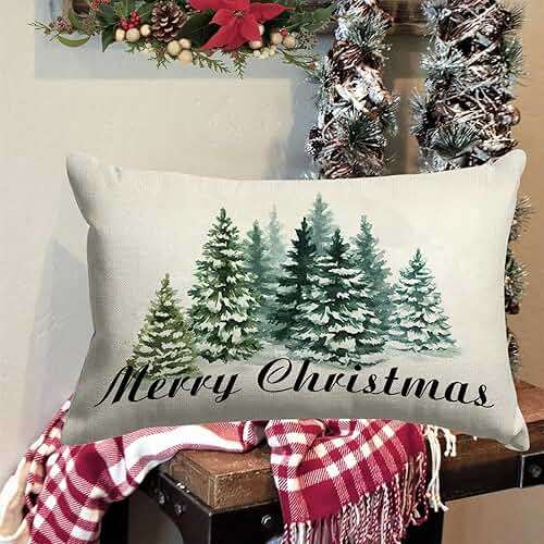 GOOESING Merry Christmas Pillow Covers 16x24 Inch Watercolor Green Christmas Tree Nature Forest Linen Decorative Throw Pillow Cover Cushion Case for Indoor Outdoor Home Sofa Bedroom Living Room - Image 2