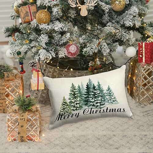 GOOESING Merry Christmas Pillow Covers 16x24 Inch Watercolor Green Christmas Tree Nature Forest Linen Decorative Throw Pillow Cover Cushion Case for Indoor Outdoor Home Sofa Bedroom Living Room - Image 6