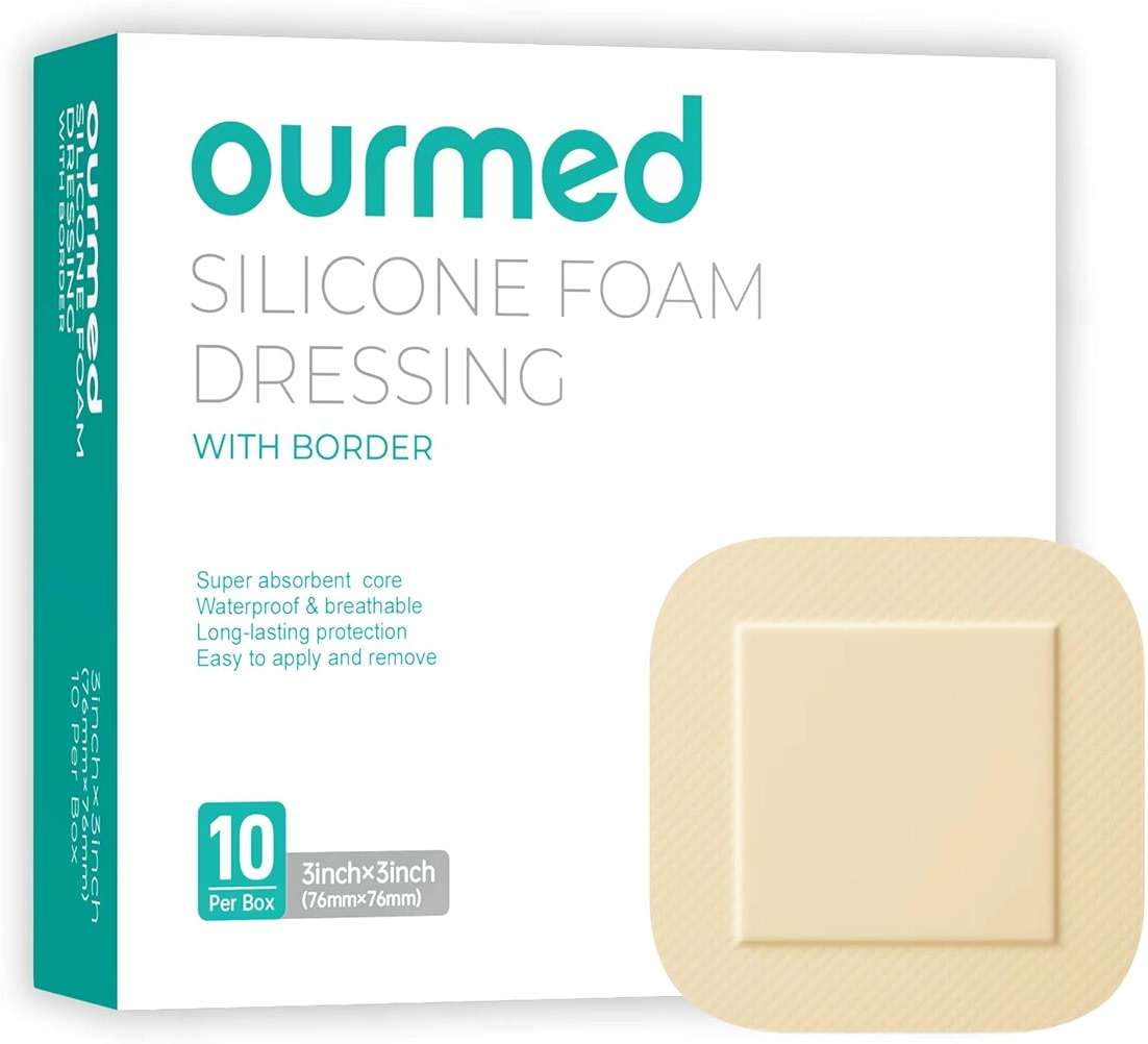 Ourmed Silicone Foam Dressing with Border Adhesive - Large Absorbent Waterproof Bandage for Wound Care, Foot Diabetic Ulcer, Leg Ulcer, 3" x 3", 10 Pack - Image 1