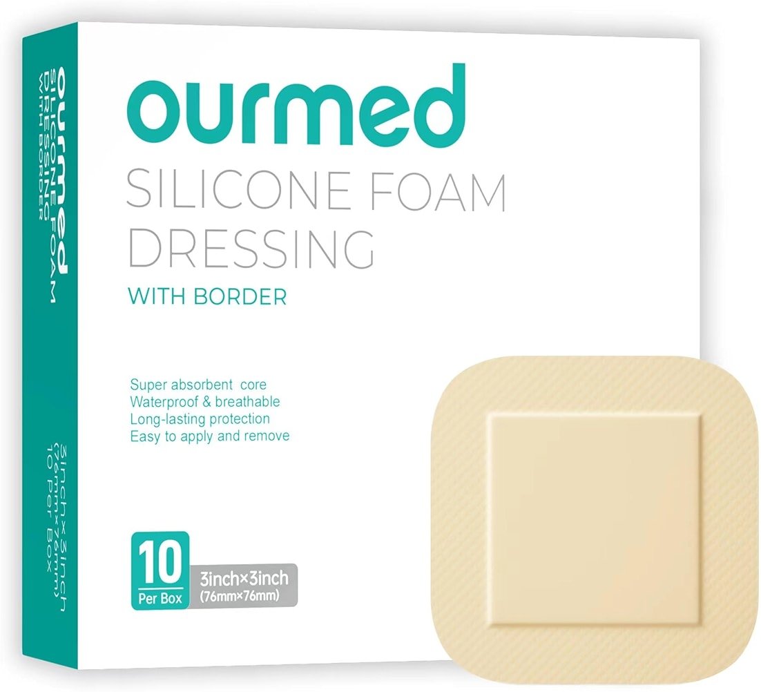 Ourmed Silicone Foam Dressing with Border Adhesive - Large Absorbent Waterproof Bandage for Wound Care, Foot Diabetic Ulcer, Leg Ulcer, 3" x 3", 10 Pack - Product Image