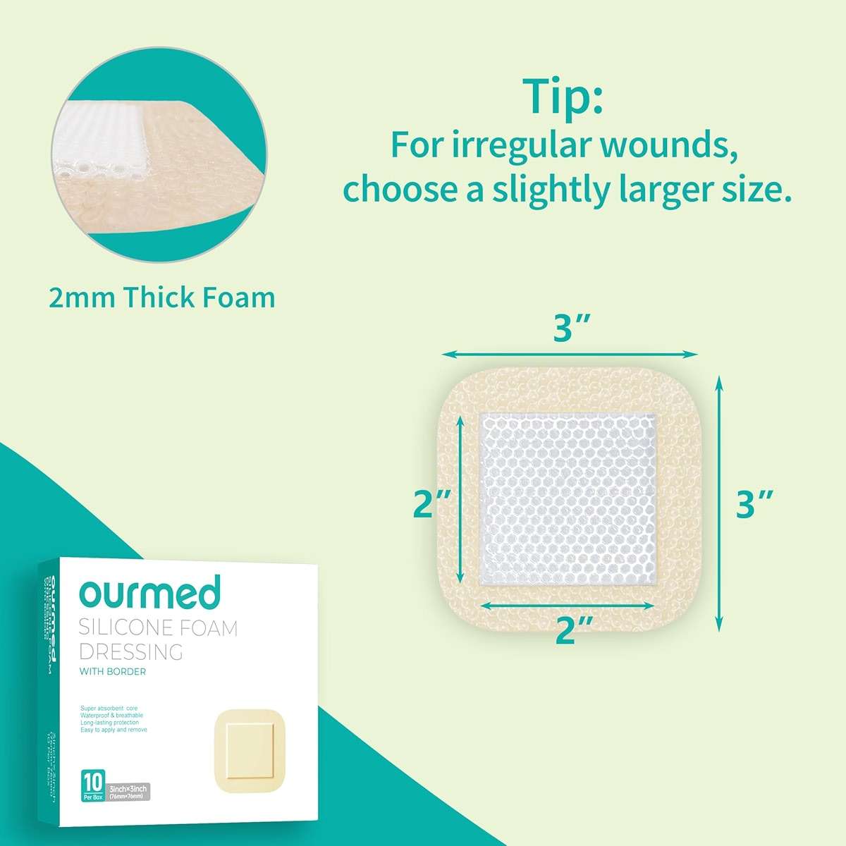 Ourmed Silicone Foam Dressing with Border Adhesive - Large Absorbent Waterproof Bandage for Wound Care, Foot Diabetic Ulcer, Leg Ulcer, 3" x 3", 10 Pack - Image 2