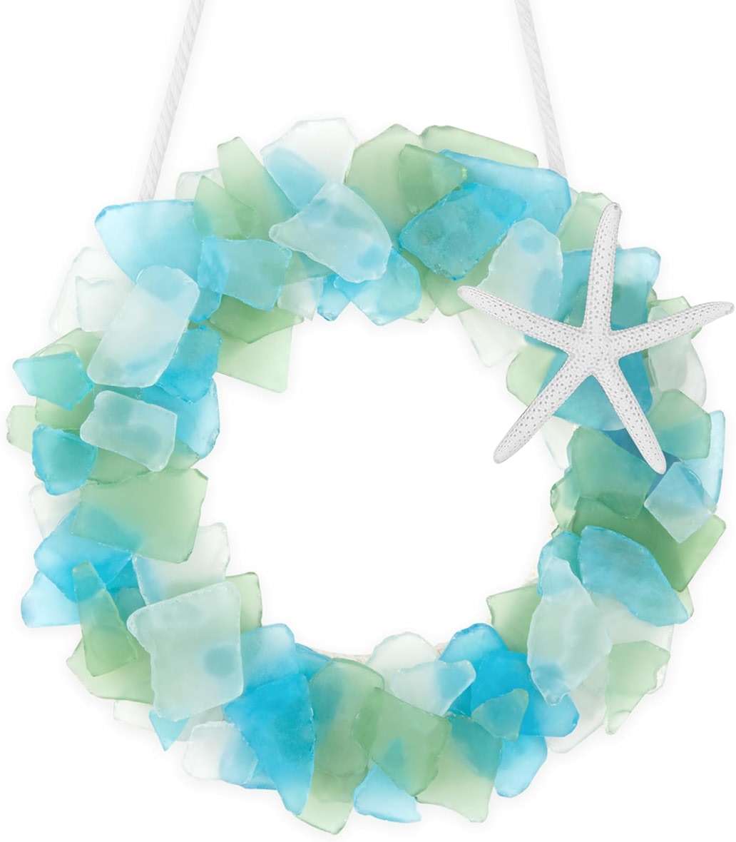 Sea Glass Wreath - Handmade 8.5 Inch Beach Wreath, Coastal Style Christmas Decor Wreaths for Home Decor, Door, Window, Kitchen Cabinet, Chair and Wall - Image 1
