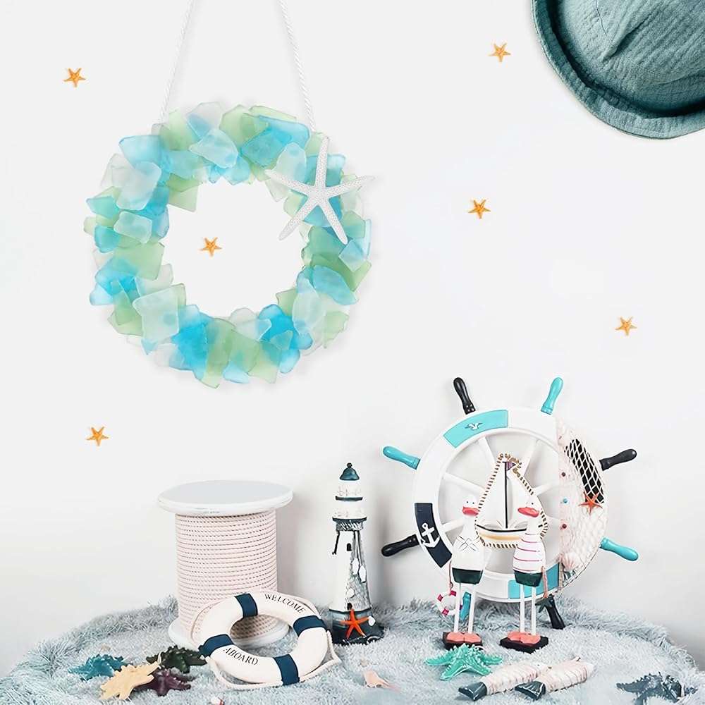 Sea Glass Wreath - Handmade 8.5 Inch Beach Wreath, Coastal Style Christmas Decor Wreaths for Home Decor, Door, Window, Kitchen Cabinet, Chair and Wall - Image 2