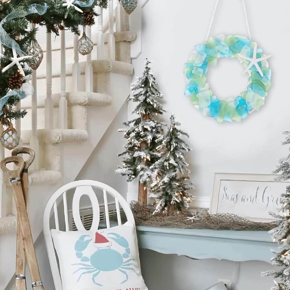 Sea Glass Wreath - Handmade 8.5 Inch Beach Wreath, Coastal Style Christmas Decor Wreaths for Home Decor, Door, Window, Kitchen Cabinet, Chair and Wall - Image 5