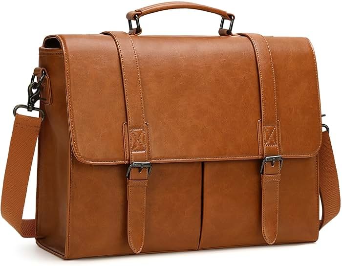 RAINSMORE Messenger Bag for Men 15.6 Inch Vintage Leather Briefcase Waterproof Laptop Bag Large Satchel Shoulder Bag Office Work Business College Computer Bag, Brown - Product Image