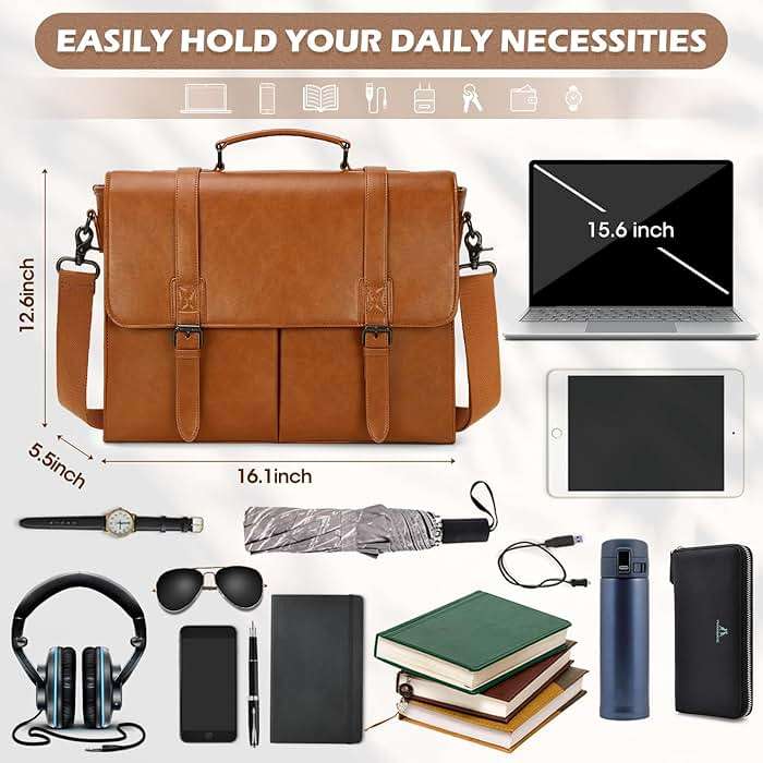 RAINSMORE Messenger Bag for Men 15.6 Inch Vintage Leather Briefcase Waterproof Laptop Bag Large Satchel Shoulder Bag Office Work Business College Computer Bag, Brown - Image 2
