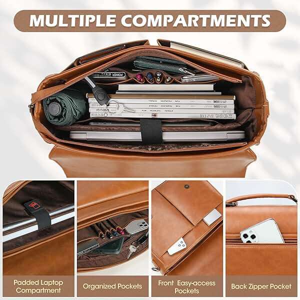 RAINSMORE Messenger Bag for Men 15.6 Inch Vintage Leather Briefcase Waterproof Laptop Bag Large Satchel Shoulder Bag Office Work Business College Computer Bag, Brown - Image 4