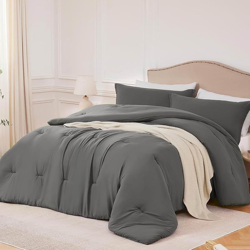 Quataly Queen Comforter Sets Grey,3PCS Soft Lightweight Breathable Bedding Comforter Sets for All Season, Queen Size(90''×90'' Comforter & 2 Pillowcases) - Product Image