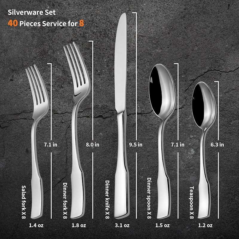 Alata Kate 40-Piece Silverware Set,Service for 8,Stainless Steel Flatware Set,Mirror Polished Cutlery Set,Dishwasher Safe - Image 3
