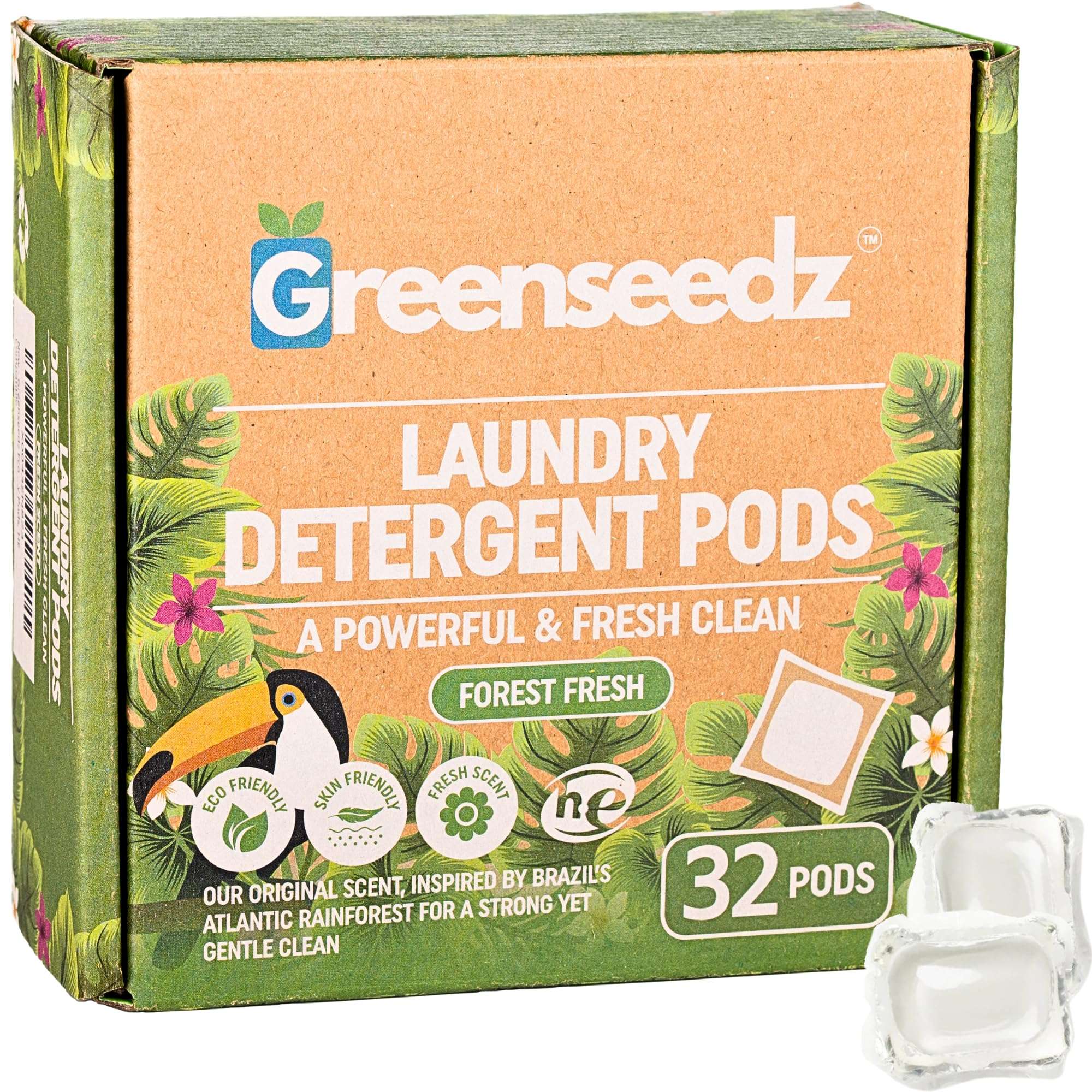 Laundry Detergent Pods, 32 Count, Fresh Scent, Eco Friendly, Biodegradable, HE Compatible, Powerful Stain & Odor Removal, Skin Friendly - Image 1
