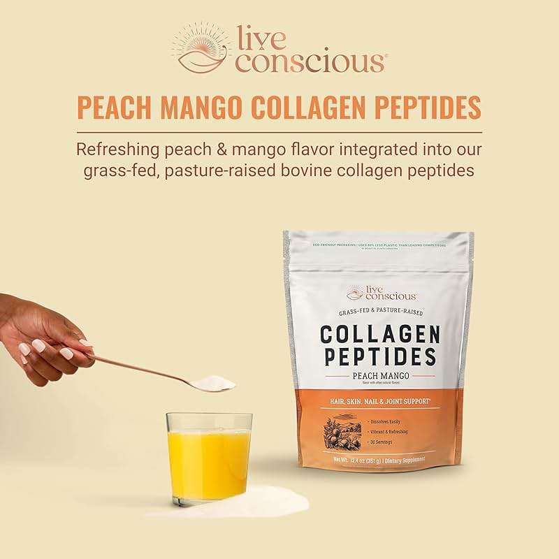 Live Conscious Collagen Peptides Powder - Peach Mango Flavored Collagen Powder - Hair, Skin, Nail, & Joint Support - Type I & III Grass-Fed Collagen Supplements for Women and Men - 30 Servings - 13oz - Image 3