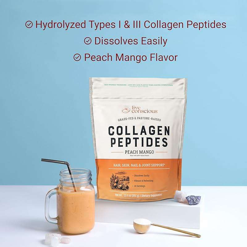 Live Conscious Collagen Peptides Powder - Peach Mango Flavored Collagen Powder - Hair, Skin, Nail, & Joint Support - Type I & III Grass-Fed Collagen Supplements for Women and Men - 30 Servings - 13oz - Image 5