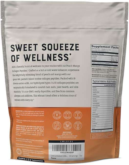 Live Conscious Collagen Peptides Powder - Peach Mango Flavored Collagen Powder - Hair, Skin, Nail, & Joint Support - Type I & III Grass-Fed Collagen Supplements for Women and Men - 30 Servings - 13oz - Image 9