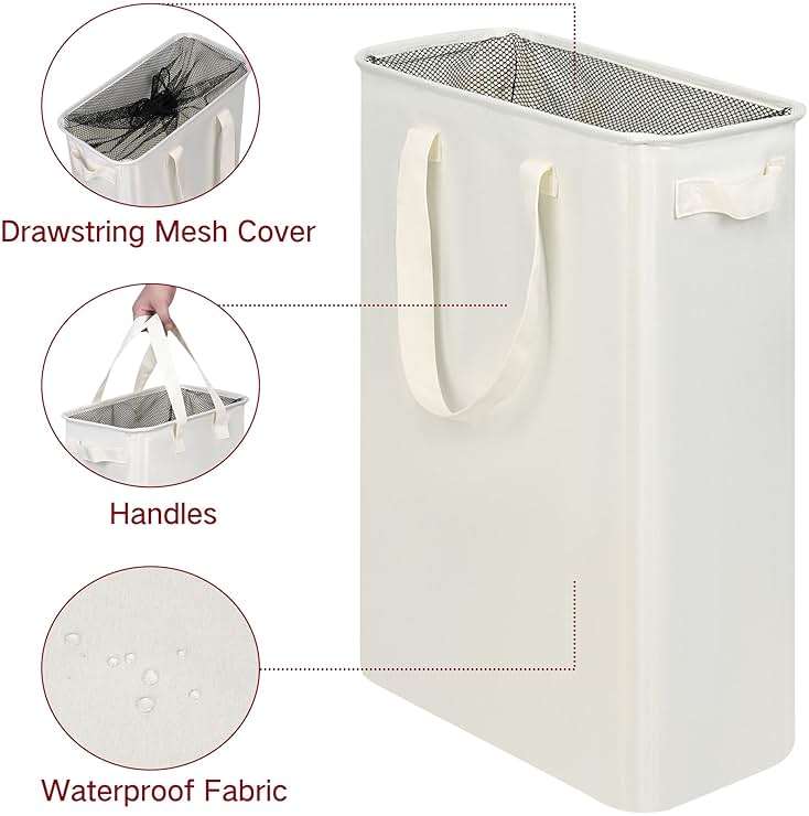 efluky Slim Laundry Basket, Narrow Laundry Hamper with Handles, Collapsible Dirty Clothes Hamper, Tall Laundry Bin for Laundry Room, Dorm and Bedroom, 12.7 Gallons(48L) Beige - Image 5