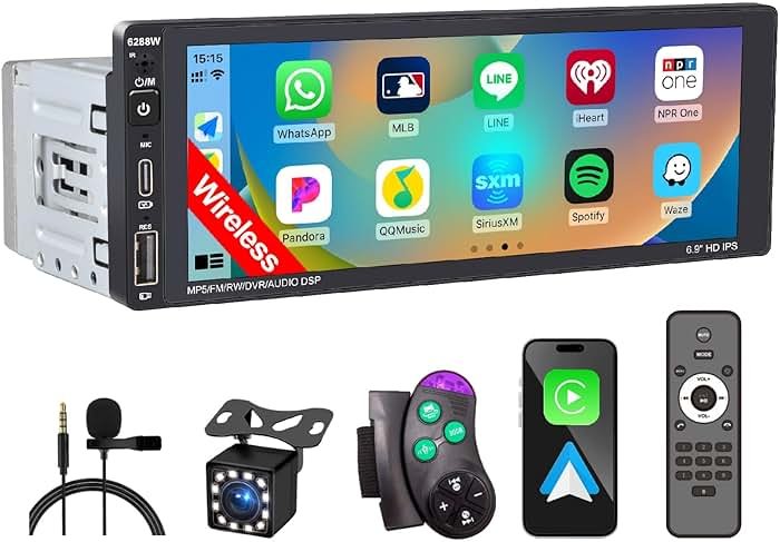 Wireless Single Din Car Stereo with Apple Carplay,IPS Touch Screen Car Radio with Bluetooth,Backup Camera,FM/AM Car Radio,Car Play Android Auto,AUXTF,Type-C,USB - Product Image
