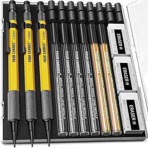 Four Candies 3PCS 1.3mm Mechanical Pencil Set with Case, Metal Heavy Duty Carpenter Pencils with 72 Refill(Red,Black,Yellow) 3Eraser, 16Eraser Refill, Weatherproof Body Outdoor Woodworking Marking - Image 1