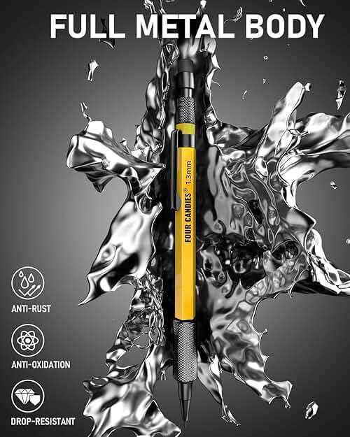 Four Candies 3PCS 1.3mm Mechanical Pencil Set with Case, Metal Heavy Duty Carpenter Pencils with 72 Refill(Red,Black,Yellow) 3Eraser, 16Eraser Refill, Weatherproof Body Outdoor Woodworking Marking - Image 3