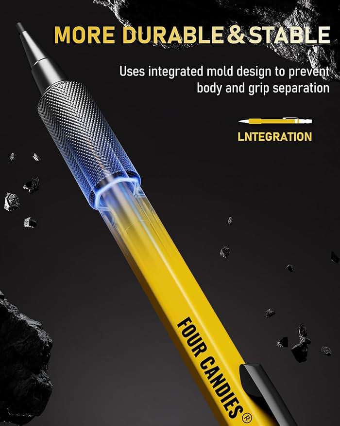 Four Candies 3PCS 1.3mm Mechanical Pencil Set with Case, Metal Heavy Duty Carpenter Pencils with 72 Refill(Red,Black,Yellow) 3Eraser, 16Eraser Refill, Weatherproof Body Outdoor Woodworking Marking - Image 4