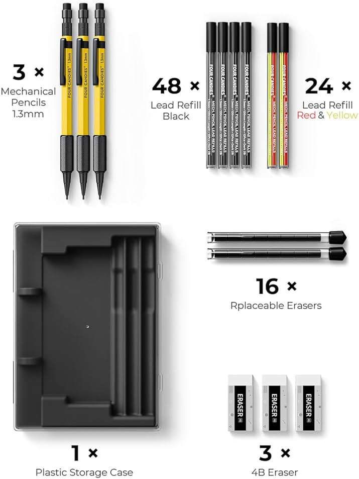 Four Candies 3PCS 1.3mm Mechanical Pencil Set with Case, Metal Heavy Duty Carpenter Pencils with 72 Refill(Red,Black,Yellow) 3Eraser, 16Eraser Refill, Weatherproof Body Outdoor Woodworking Marking - Image 6
