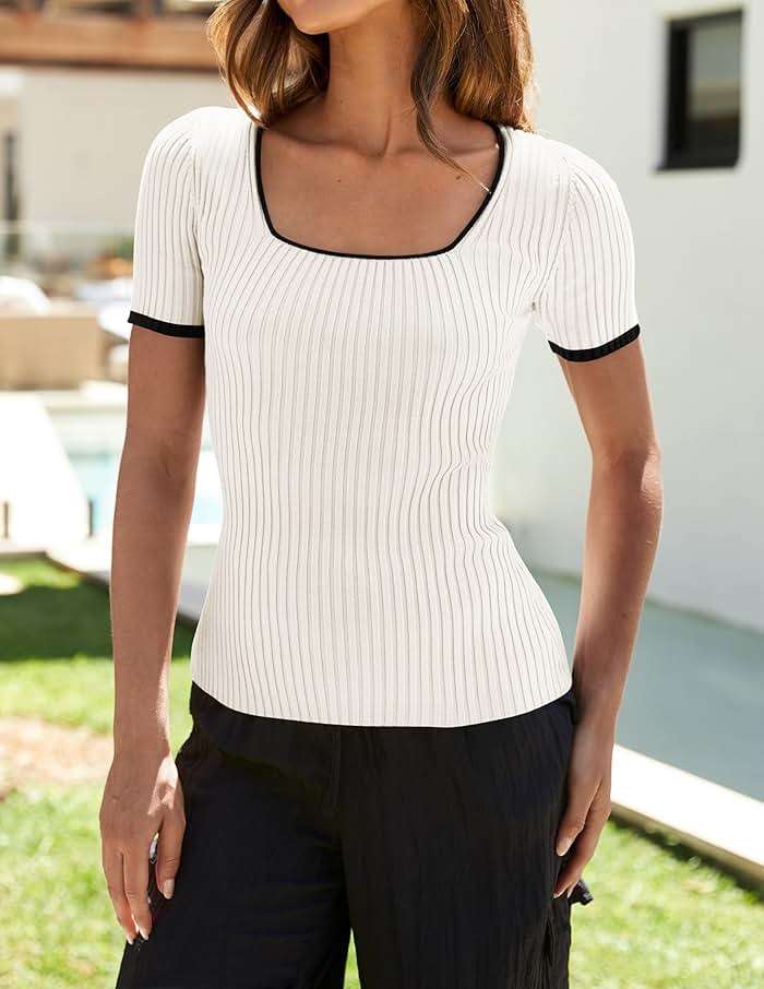 ZESICA Women's Short Sleeve Square Neck Color Block T Shirt 2026 Summer Slim Fit Ribbed Knit Basic Tee Tops - Image 2